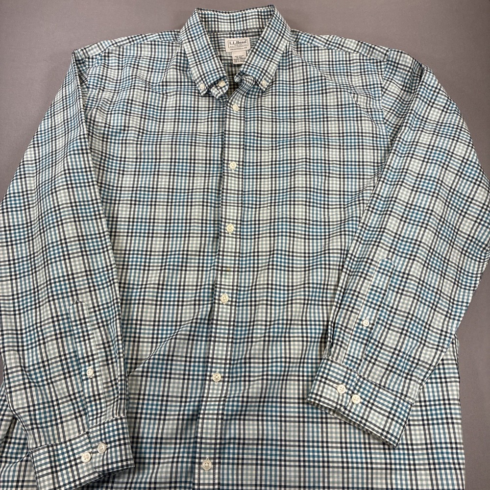 LL BEAN men's button-down shirt XL Reg 100% cotton Blue Green Gingham